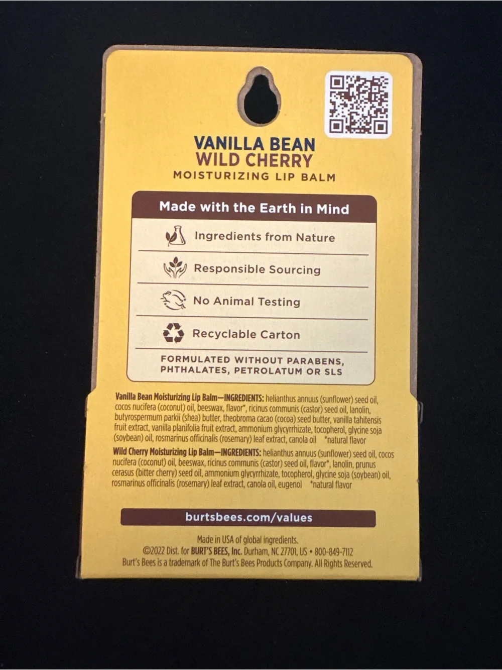 Burt’s Bees Vanilla Bean Wild Cherry Moisturizing Lip Balm 2 Pack NEW